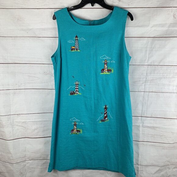 Vintage Dress Linen Embroidered 12 14 XL Lighthouses Nautical Marine Blue Teal - Picture 7 of 16